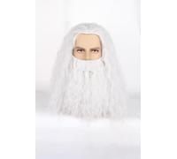 Parrucca da mago con barba lunga e riccia, bianca, per Halloween, feste, bomboniere, uomini