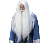 Parrucca da Mago con Maxi Barba e Baffi, Lunga Bianca, Uomo Adulto
