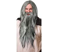 Parrucca da mago in grigio scuro con barba grigio scuro per uomo e donna Mago Gandalf Merlino Carnevale