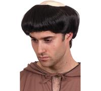 Parrucca Da Monaco Religiosa Marrone Corto + Cappello Calvo Costume Da Uomo