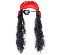 Parrucca da pirata, cappello da pirata, set di parrucca dreadlock, benda per gli occhi, bandana, capitano pirata, travestimento, teschio, ossa incrociate, parrucchini, per feste di Halloween, 3 in 1,