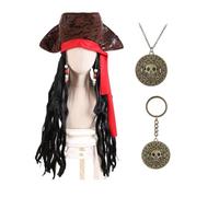 Parrucca da pirata con perle e bandana rossa,Ciondolo a forma di moneta/medaglione azteco con teschio, stile Pirati dei Caraibi,per un costume da pirata perfetto in maschera e a carnevale