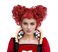 Parrucca da Regina Rossa con Corona per Costume da Bambina e Donna, Due Chignon, Capelli Sintetici Resistenti al Calore, Corti Ricci, Parrucche per Halloween Anime Cosplay con Cappuccio (Rosso/Regina)