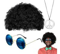 Parrucca da sole afro, per capelli hippie da uomo, set costume retrò | Include parrucca afro, collana da discoteca, occhiali da sole per feste a tema anni '50/60/70, Halloween, cosplay ed