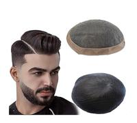 Parrucca da uomo Parrucchino da uomo Mono fine Top e rivestimento in poliestere attorno al parrucchino da uomo 6" Sistema di capelli umani Protesi for capelli maschili 1B# Unità di capelli neri natura