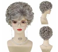 Parrucca da vecchia signora grigia, occhiali da nonna, collana di perle, 3 pezzi/set, parrucca da nonna per cosplay, per Natale, scuola, giorno del Ringraziamento-764-1set