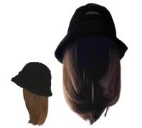 Parrucca del cappello, cappello da pescatore invernale nero con capelli, 12 capelli dritti corti, tappo di lana di lana agnelli con parrucca con parrucca con capelli per le donne