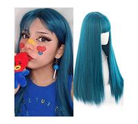 Parrucca di Capelli Parrucca lunga blu con frangia, parrucca sintetica azzurra for donna, parrucca blu dritta for cosplay dall'aspetto naturale con frangia for uso quotidiano in costume da festa for r