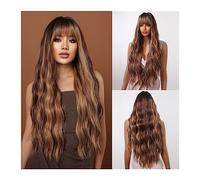 Parrucca di Capelli Parrucche sintetiche lunghe ricci evidenziate con frangia parrucche miste color cioccolato biondo dorato for donne nere afro resistenti al calore Donna Parrucche