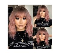 Parrucca di capelli umani di alta qualità, Parrucca corta Ombre rosa Bob con frangia Parrucche sintetiche ricci con radici scure for le donne Spalla lunga Cosplay Capelli quotidiani resistenti al calo