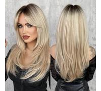 Parrucca di capelli umani di alta qualità, Parrucca lunga diritta alla moda bionda miele for donna Parrucca cosplay quotidiana Parrucche sintetiche Hai a strati for l'uso quotidiano, aspetto naturale