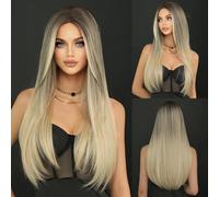 Parrucca di capelli umani di alta qualità, Parrucca lunga diritta in frassino for donna, uso quotidiano, festa, sfumata, bionda, con spaccatura media, parrucca a densità 150, aspetto naturale e abbig