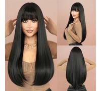 Parrucca di capelli umani di alta qualità, Parrucca lunga diritta marrone scuro for donna Cosplay quotidiana for feste Blone evidenzia parrucca sintetica naturale con frangia, aspetto naturale e abbi