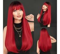 Parrucca di capelli umani di alta qualità, Parrucca lunga diritta marrone scuro for donna Cosplay quotidiana for feste Blone evidenzia parrucca sintetica naturale con frangia, aspetto naturale e abbi