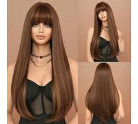 Parrucca di capelli umani di alta qualità, Parrucca lunga diritta marrone scuro for donna Cosplay quotidiana for feste Blone evidenzia parrucca sintetica naturale con frangia, aspetto naturale e abbi