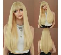 Parrucca di capelli umani di alta qualità, Parrucca lunga diritta marrone scuro for donna Cosplay quotidiana for feste Blone evidenzia parrucca sintetica naturale con frangia, aspetto naturale e abbi