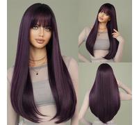 Parrucca di capelli umani di alta qualità, Parrucca lunga diritta marrone scuro for donna Cosplay quotidiana for feste Blone evidenzia parrucca sintetica naturale con frangia, aspetto naturale e abbi