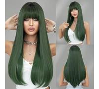 Parrucca di capelli umani di alta qualità, Parrucca lunga diritta marrone scuro for donna Cosplay quotidiana for feste Blone evidenzia parrucca sintetica naturale con frangia, aspetto naturale e abbi