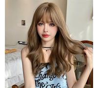 Parrucca di capelli umani di alta qualità, Parrucca marrone da donna lunga ondulata for le donne Parrucche lunghe ondulate da festa quotidiana con frangia soffice, aspetto naturale e abbigliamento co