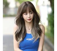 Parrucca di capelli umani di alta qualità, Parrucca marrone Ombre sintetica a densità 150 for parrucca da donna Parrucca moda corpo lungo ondulato Evidenzia parrucche Beigee con frangia, aspetto natu