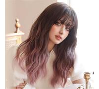 Parrucca di capelli umani di alta qualità, Parrucca marrone Ombre sintetica a densità 150 for parrucca da donna Parrucca moda corpo lungo ondulato Evidenzia parrucche Beigee con frangia, aspetto natu