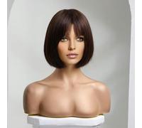 Parrucca di capelli umani lisci per donne Parrucche corte naturali con frangia Realizzata a macchina Resistente al calore Capelli castano scuro-parrucca castana corta-Nessun pizzo