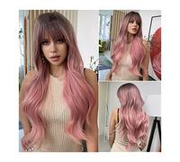 Parrucca di capelli umani Parrucche di sostituzione dei capelli rosa rosa con frangia lunga sintetica Roots scuro alla ricerca, per tutti i giorni/feste/cosplay parrucca donna