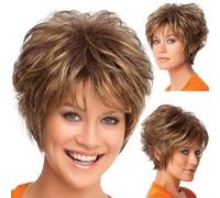 Parrucca di capelli veri per donne capelli corti biondi con radici nere parrucche donne sintetiche per carnevale costume da festa capelli corti lisci marroni con riga laterale(6 Inch)