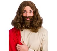 Parrucca Di Gesù + Barba Lunga Marrone Accessorio Religioso Biblico Per Uomo