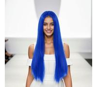 Parrucca Di Halloween 80 Cm Con Riga Media Capelli Lunghi Lisci Colore Cosplay Fascia Da Donna Completa Blu Scuro