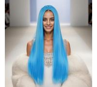 Parrucca Di Halloween 80 Cm Con Riga Media Capelli Lunghi Lisci Colore Cosplay Fascia Da Donna Completa Azzurro