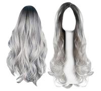 Parrucca di Halloween grigia da donna,Parrucca lunga grigia,Ombre argento grigio riccio,Parrucca sintetica naturale capelli sintetici per donne uso quotidiano cosplay feste in costume Halloween