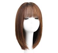 Parrucca di media lunghezza liscia per donna, 38 cm/15, castano freddo, parrucca liscia per capelli umani, parrucche alla moda con lunghezza alle spalle e frangia, parruc,Human Hair-c2