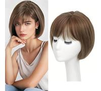 Parrucca di ricambio per capelli con frangia smussata, capelli lisci, 25 cm, in stile Bobo, 15 x 15 cm, con base a rosa (P12/26#)