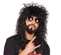 Parrucca di triglia 80s parrucche per uomini, parrucca maschio in fibra sintetica lunga 20 pollici, parrucca di multe di rocker divertente, parrucca riccia nera per il costume di Halloween,