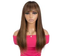 Parrucca diritta alla moda con frangia, parrucca di capelli umani 3x1 in pizzo sul cuoio capelluto for parrucche da donna senza colla Capelli Estensioni(Highlight Brown,18 inch)