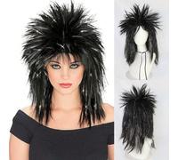 Parrucca disco con lustrini, nera/argento, lunghezza spalle, parrucca nera punk rock anni '70 '80 per feste, parrucca sintetica media lunga sfilata, spettinata, a strati, morbida e dritta, con mix di 