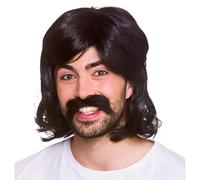 Parrucca Disco Nera Da Uomo Anni '70 Per Feste In Costume + Baffi