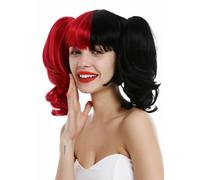 Parrucca Donna Arlecchino Lolita Cosplay Corto 2 Lunga Onda Codini Nero Rosso