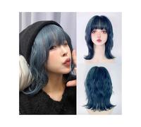 parrucca donna capelli veri umani Parrucca sintetica corta e ondulata con testa di mullet blu, con frangia, resistente al calore, soffice, for cosplay parrucca donna