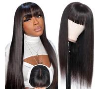 Parrucca Donna Capelli Veri Umani Straight Human Hair Wigs With Bangs, 2x1 Glueless Lace Front Wig Human Hair Nera Parrucca Donna Diritta Con Frangia 24 Pollici