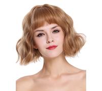 Parrucca Donna Corto Frangia Longbob Voluminoso Ondulato Cenere Rame con Meches