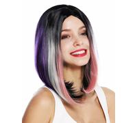 Parrucca Donna Corto Liscio Long Bob Con Riga Centrale Nero Viola Rosa Biondo