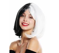 Parrucca Donna Cosplay Corto Bob Longbob Pony Voluminoso Liscio Metà Nero Bianco