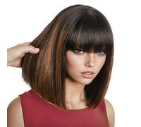 Parrucca Donna Parrucca corta diritta con frangia Indossa e vai Realistico Minimalista Marrone Evidenzia 2x1 chiusura in pizzo Capelli umani Donna(10inches)