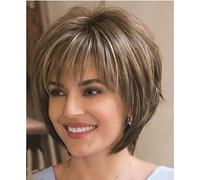 Parrucca donna, taglio pixie, a strati, corto, marrone scuro, biondo misto, con frangia, per donne, capelli naturali, parrucca sintetica, matrimoni, appuntamenti e qualsiasi altra occasione