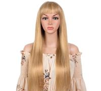 Parrucca dritta senza colla con frangia, parrucche di capelli umani pronte for l'uso con capelli biondo dorato a strati(20 inch)