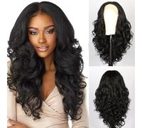 Parrucca femminile Parrucca anteriore in pizzo Parte centrale nera Soffici capelli lunghi ricci Fibra sintetica Cappuccio completo per feste cosplay quotidiane di donne bianche nere