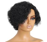 Parrucca folletto riccia corta nera da 20 cm, capelli umani, densità 180%, cuffia regolabile, attaccatura dei capelli naturale, traspirante, look realistico