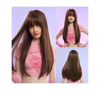 Parrucca, Frangia Sfumatura oro scuro Sfumatura nera oro Marrone scuro capelli lunghi lisci capelli in fibra chimica opaca seta ad alta temperatura europea e parrucca copricapo femminile completo(Dark